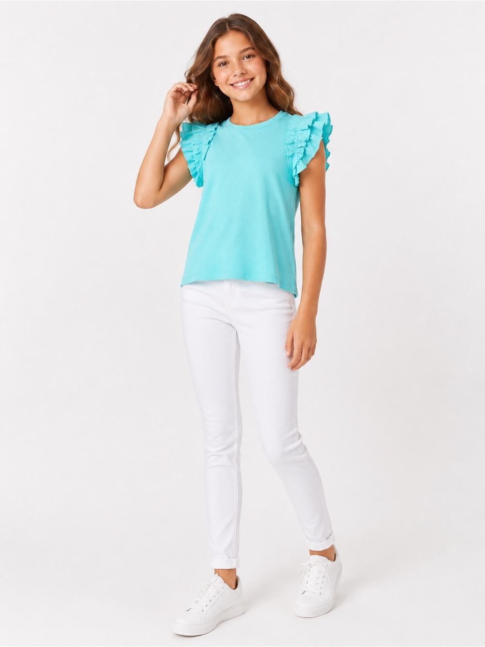 A loves A Girls Ribbed Ruffle Sleeve Top Cloud Blue Size L NWT - Picture 3 of 10